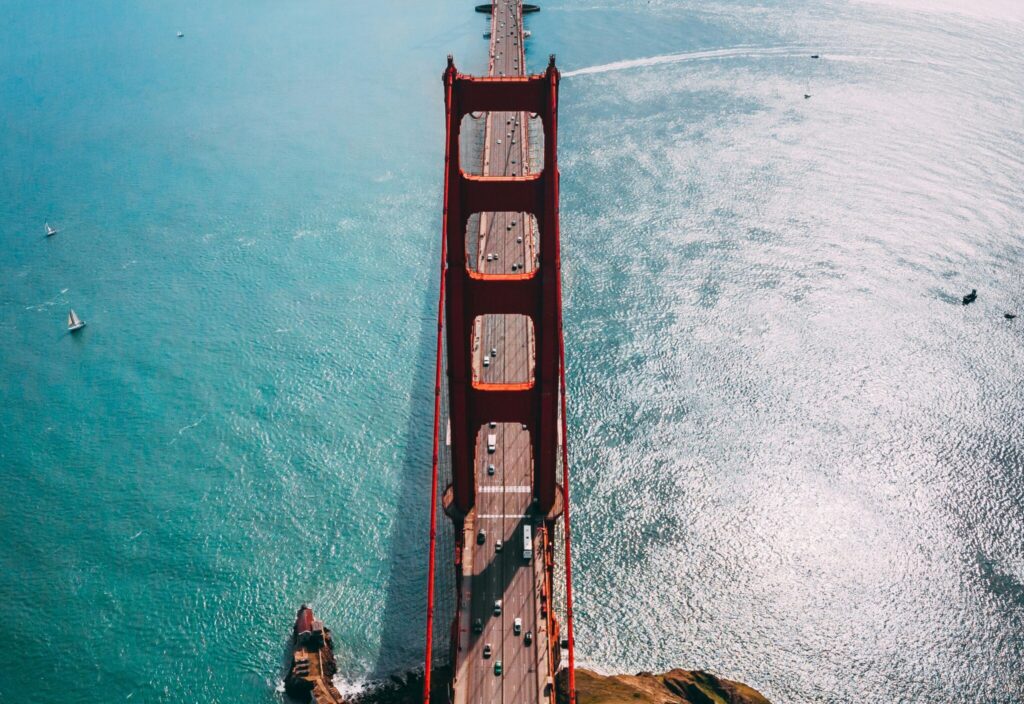Aerial view of the Golden Gate Bridge in the San Francisco Bay Area