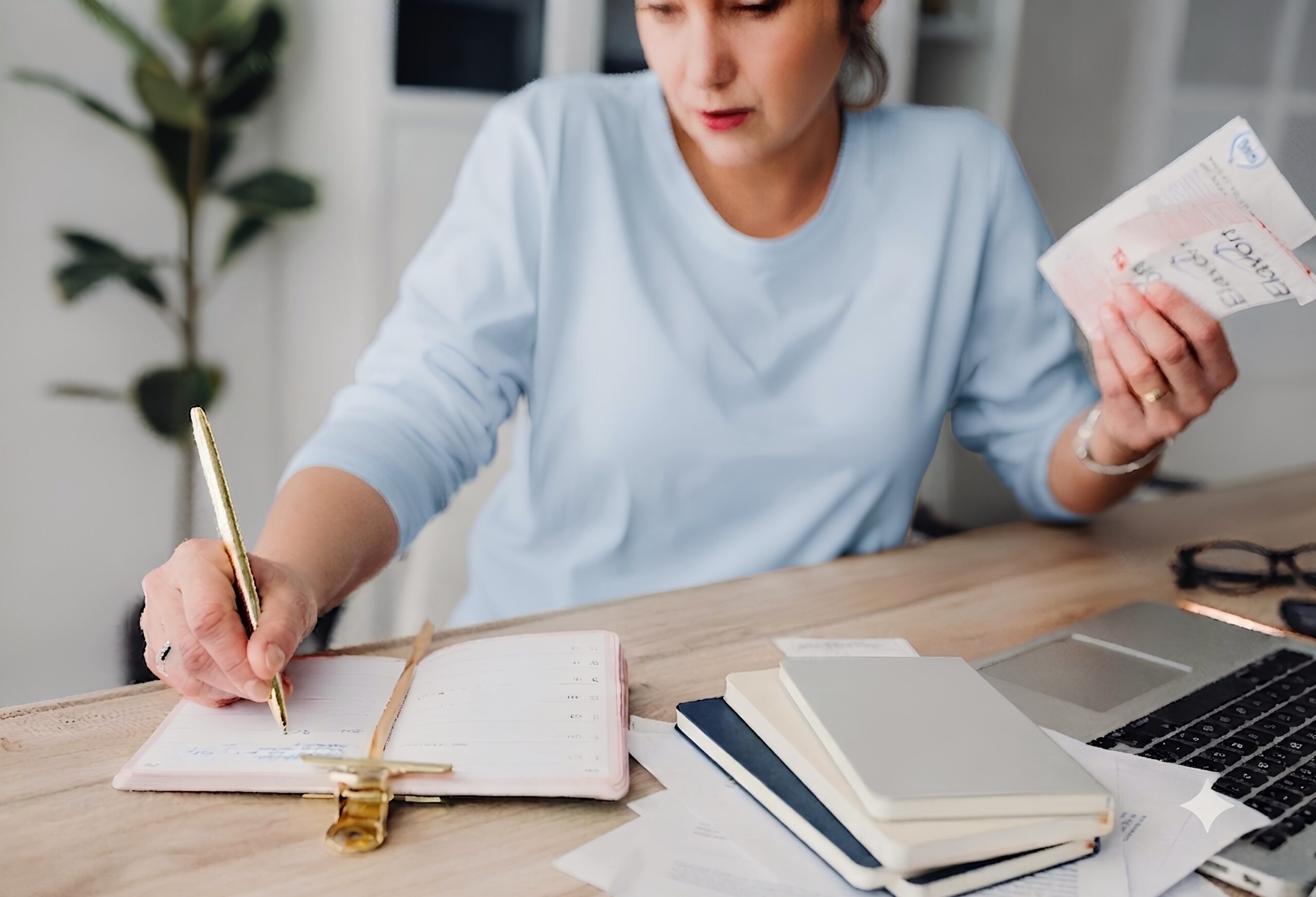 Student writing in a notebook at a desk, executive functioning coaching
