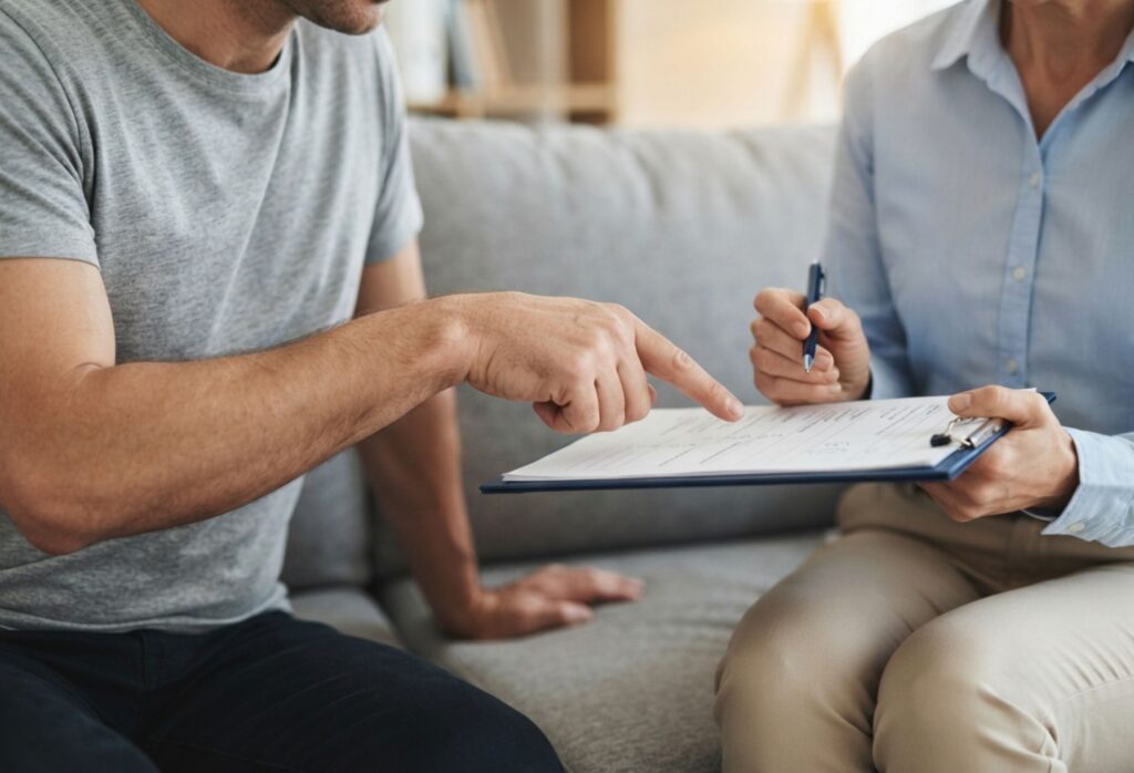 Psychologist and client reviewing a questionnaire, personality assessment
